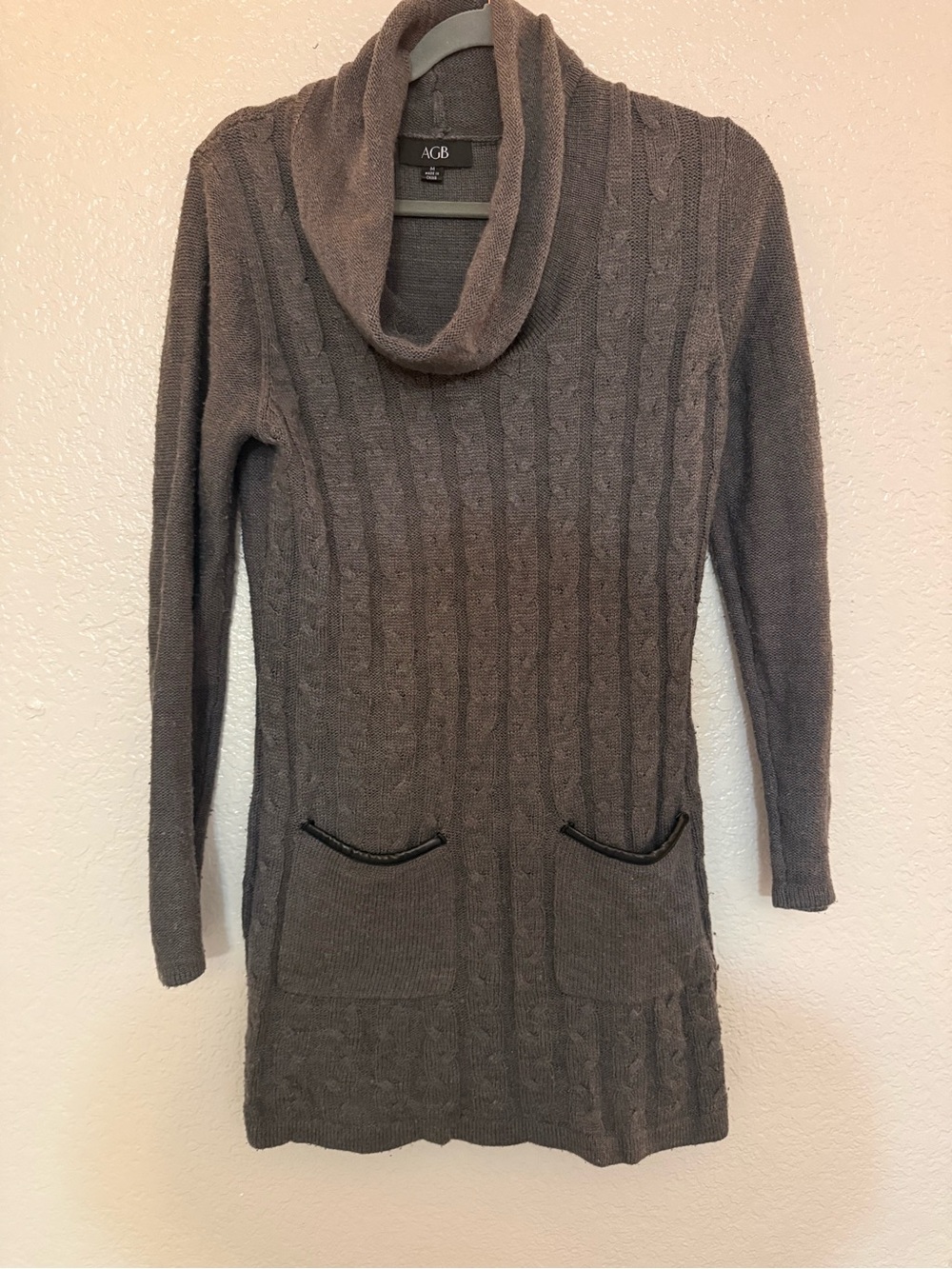 AGB Charcoal Cable Knit Cowl Neck Sweater dress Tunic with Pockets